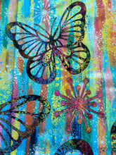 Load image into Gallery viewer, Butterfly Fields by Sue Penn Designs is a collection of fabrics that features a variety of designs in different colors. The collection includes fabrics such as the Lime Spotty, Multi Rainbow Stripe, Pink Honeycomb, Blue Flowery, Multi Fireworks, Orange Crosshatch, Multi Colorburst, Multi Butterfly Plaid, and Multi Butterfly Fields
