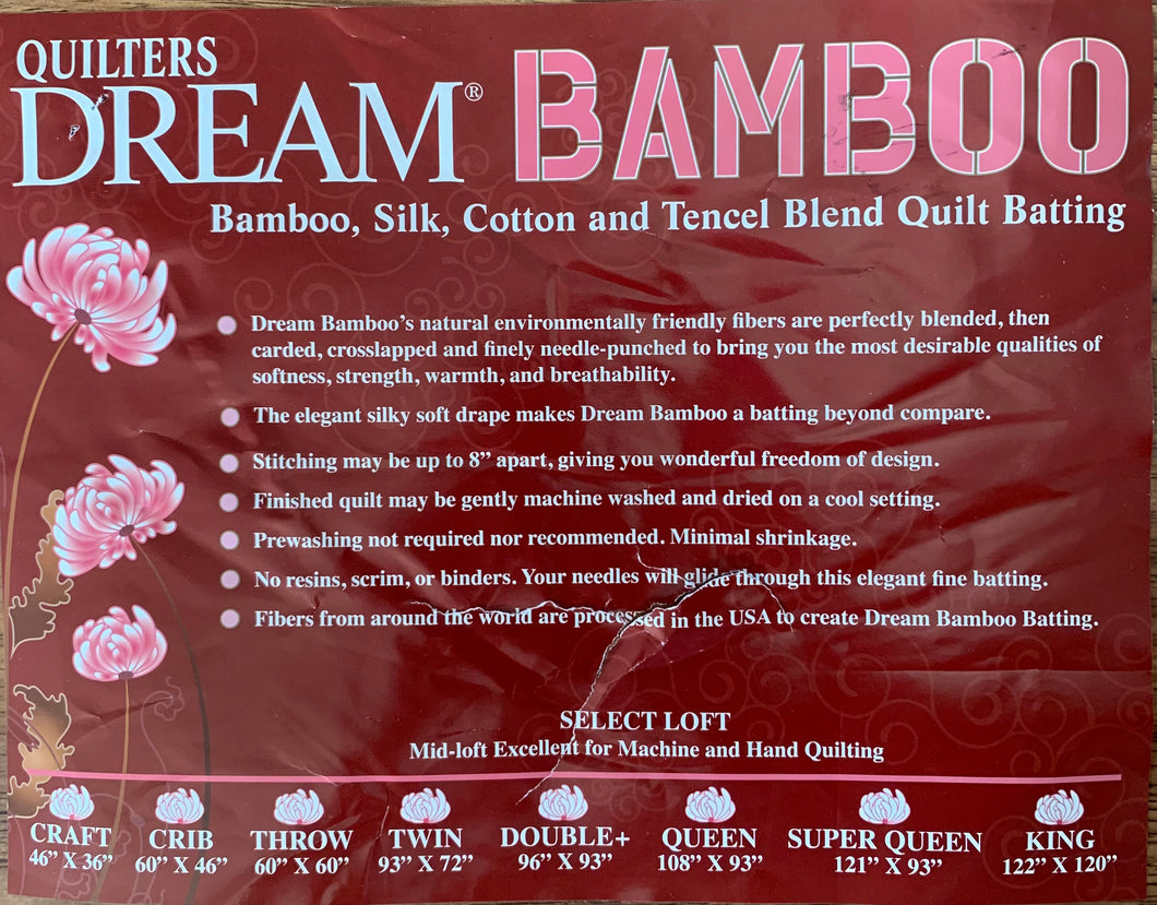 Quilters Dream Bamboo is a luxurious blend of velvety Bamboo, luscious Tussah silk, strong silky Tencel®, and soft stable Cotton. This exquisite quilt batting combines natural, environmentally friendly fibers that are meticulously blended, carded, crosslapped, and finely needle-punched to bring you unparalleled softness, strength, warmth, and breathability